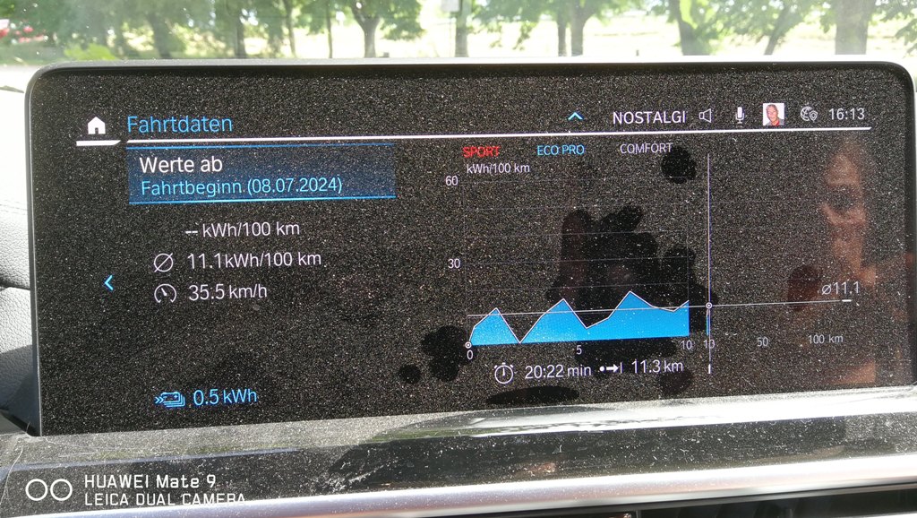 Ausflug mit Elektroauto an den Rhein, die zurückgelegte Strecke von 11 km mit Verbrauchswerten zum Sparen.