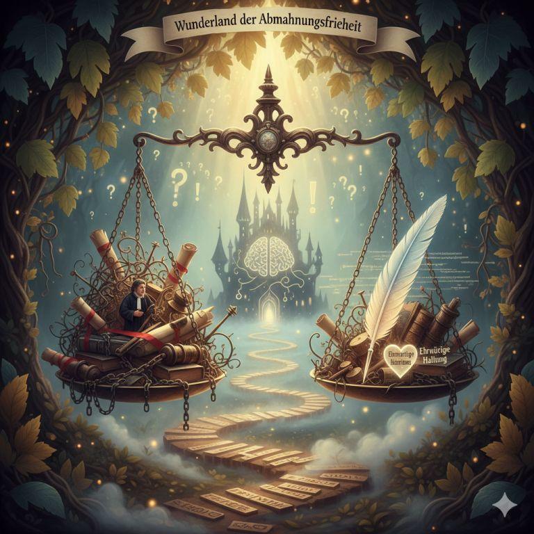 Eine symbolische Waage im Nebelwald, die Paragrafen gegen eine ehrwürdige Haltung abwägt